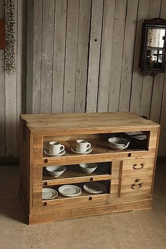 前面ガラスの引き出し3段×小引き出し2段　食器棚　シャツケース　タンス　古家具