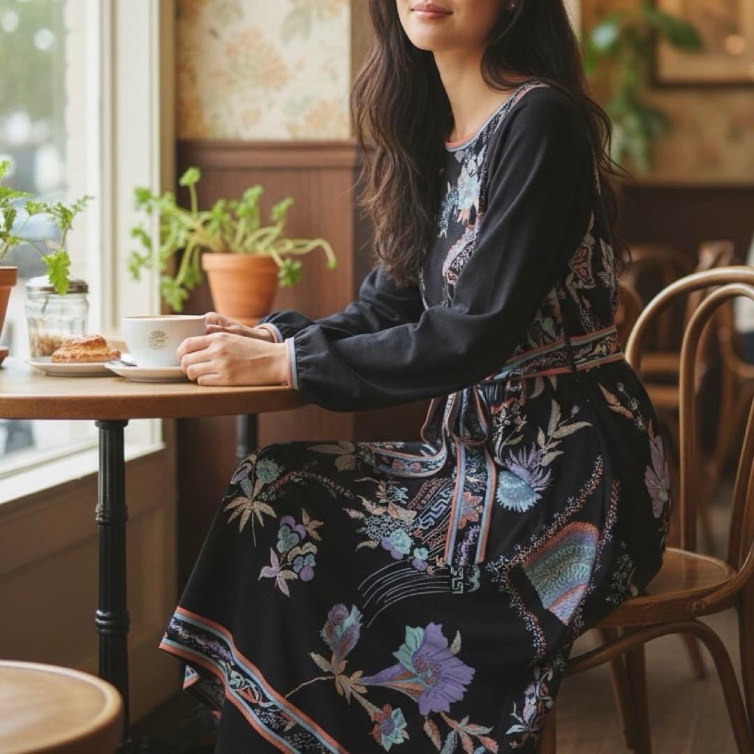 美品✨レオナール シルクウール 素敵な花柄 ワンピース リボン ネイビー