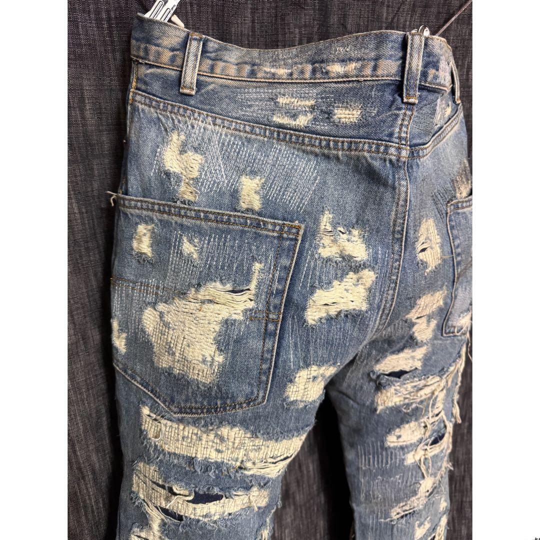 ブランド不明 ハードダメージ加工デニム　ジーンズ インディゴ　デストロイ　YKK