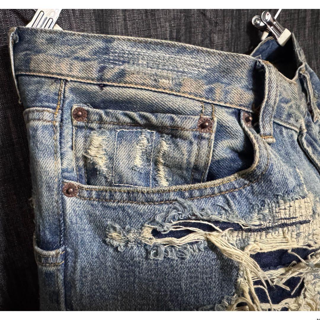 ブランド不明 ハードダメージ加工デニム　ジーンズ インディゴ　デストロイ　YKK