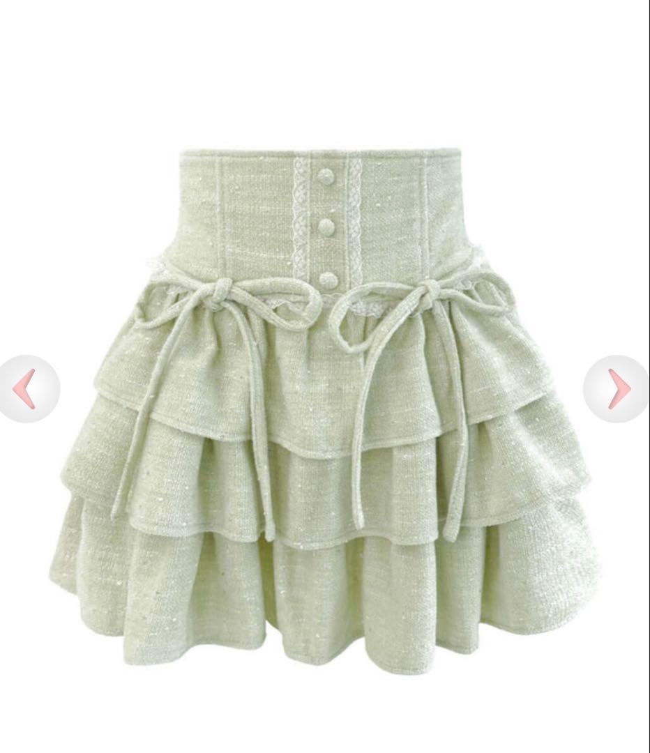 HONEYMEW ツイードティアードフリルスカート グリーン
