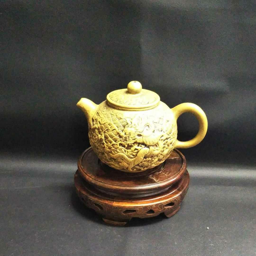 ※中国古美術/朱泥紫砂龍怒濤紋茶壺/大周陶藝工作室栄誉出品作品