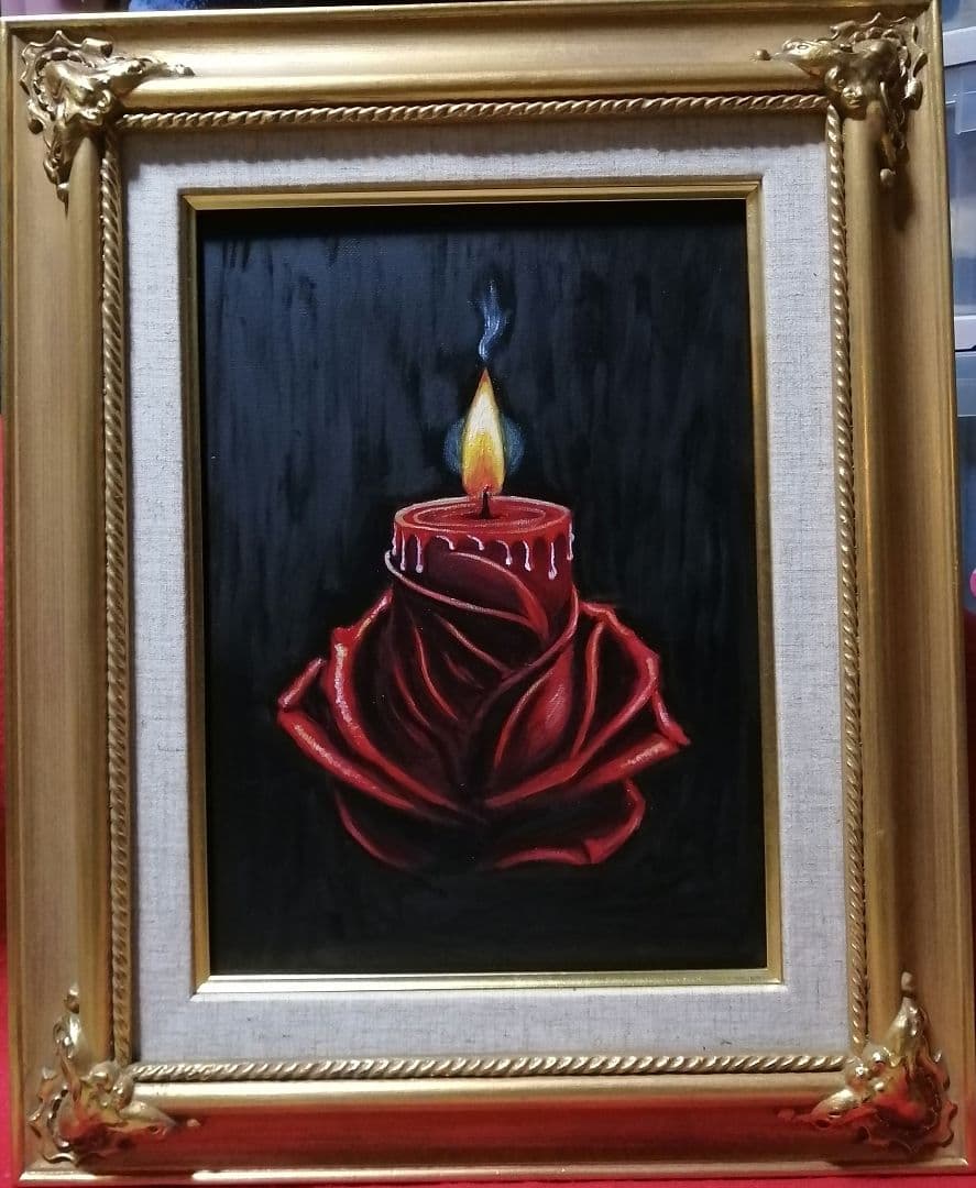 絵画　油彩画　キャンバス　額縁　薔薇 ロウソク　原画