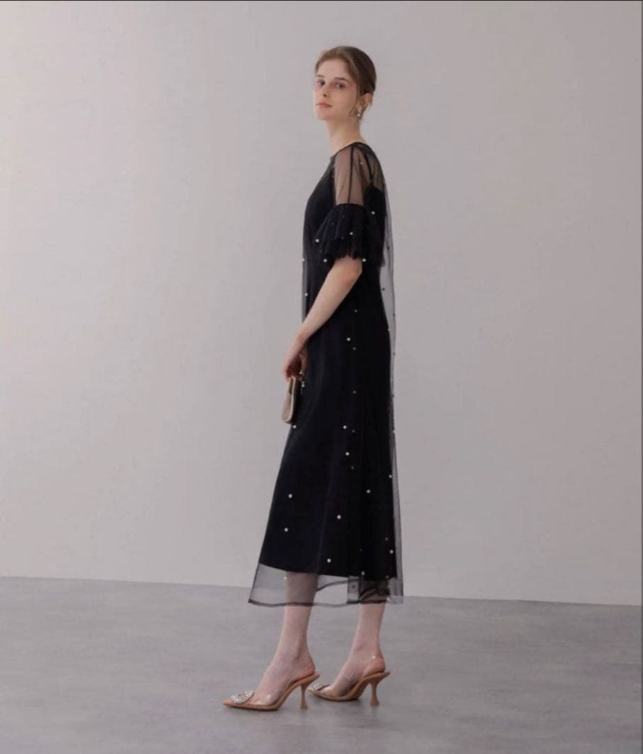 LEJA ティアードフリルスリーブレイヤードパールワンピースドレス