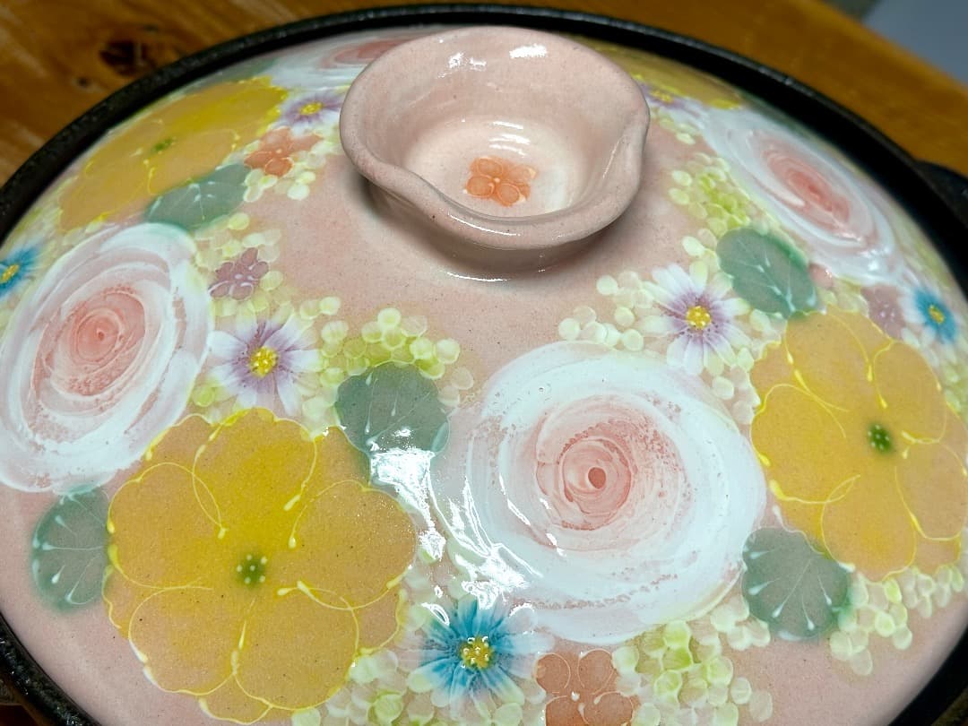 値下げ　新品　工房ゆずりは　９号土鍋　直火専用　間取黄花紋　４〜５人用　萬古焼