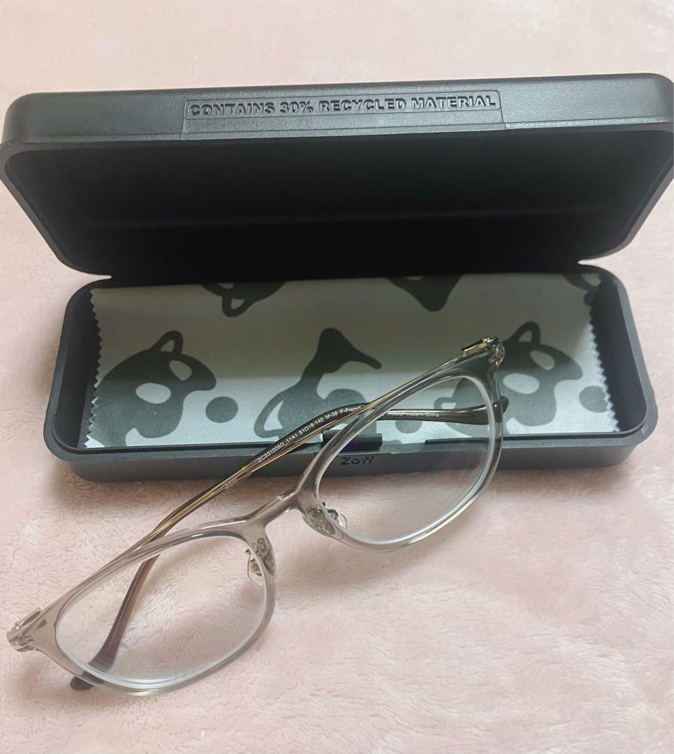 zoff メガネ　ウェリントン グレージュ　薄型非球面　ブルーライトカット　眼鏡