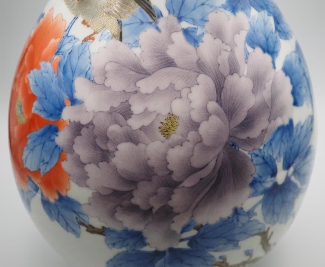 真葛香山 宮川香山 青華釉下彩花瓶 4鳥牡丹図 台付き