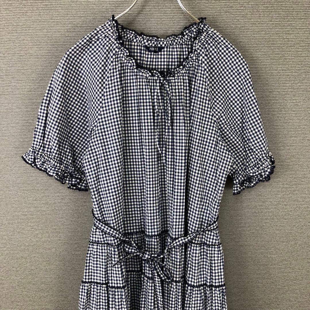 PINK HOUSE ギンガムチェックワンピース ワッペン ピコフリル ブルー