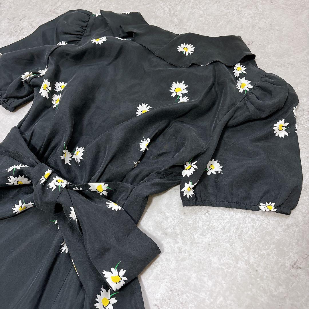 美品✨シルク100 マークジェイコブス　花柄ロングワンピース　ウエストリボン　黒