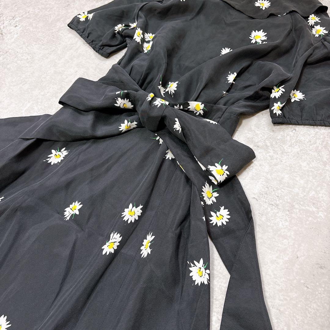 美品✨シルク100 マークジェイコブス　花柄ロングワンピース　ウエストリボン　黒