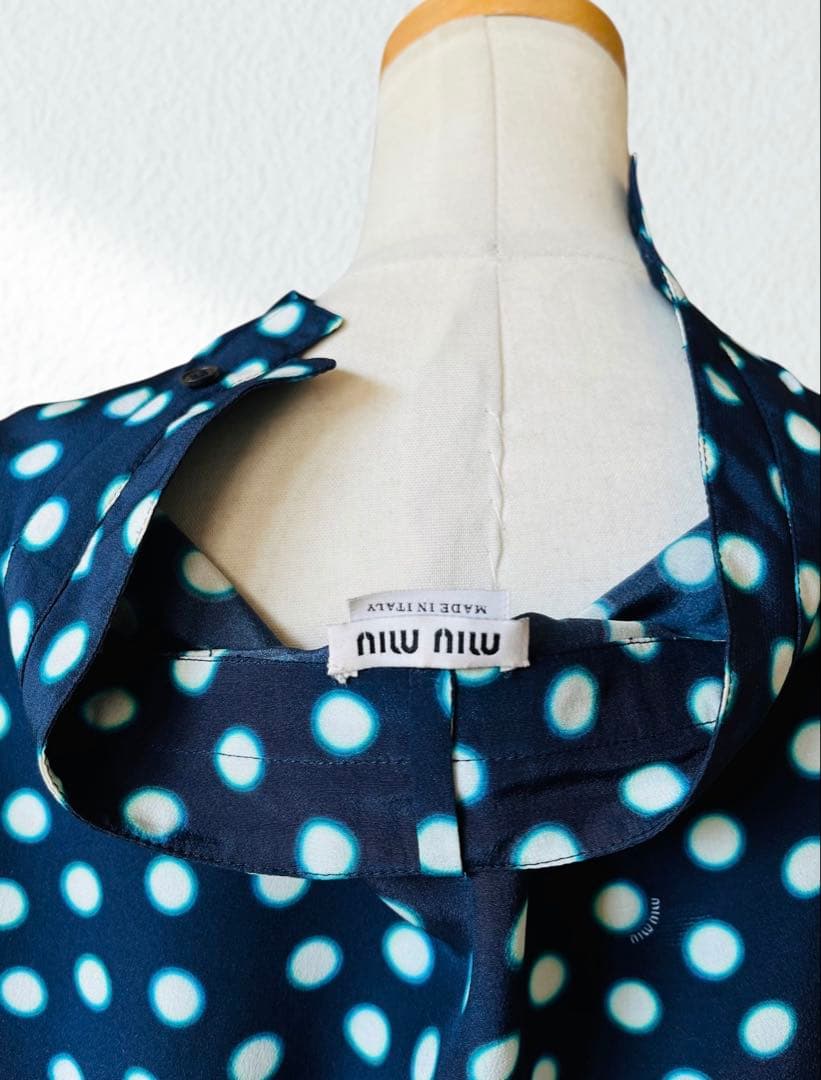 MIU MIU ミュウミュウ 水玉 シルク ブラウス 44 ネイビー