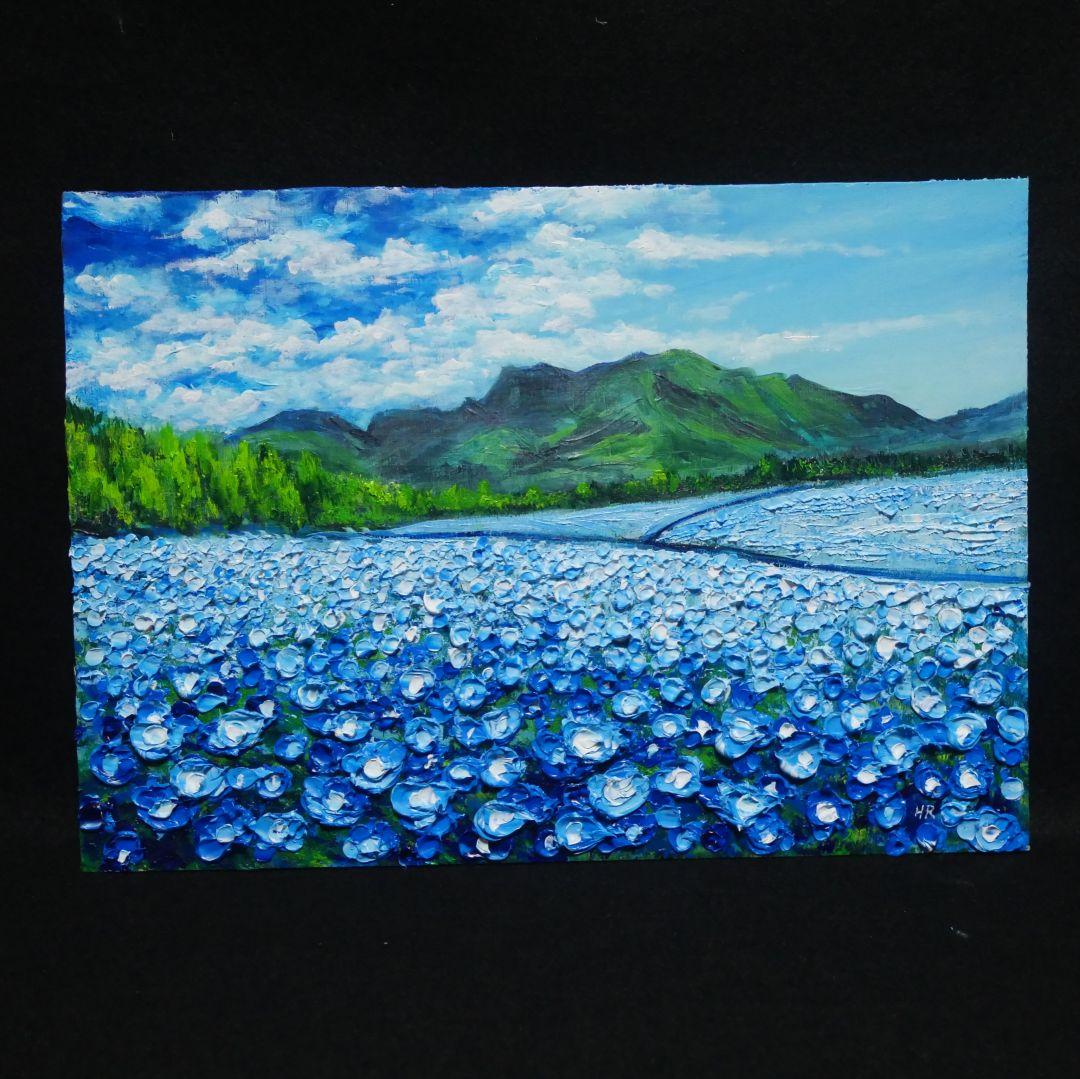 油絵 油彩 油彩画 絵 絵画【くじゅう花公園のネモフィラ畑】