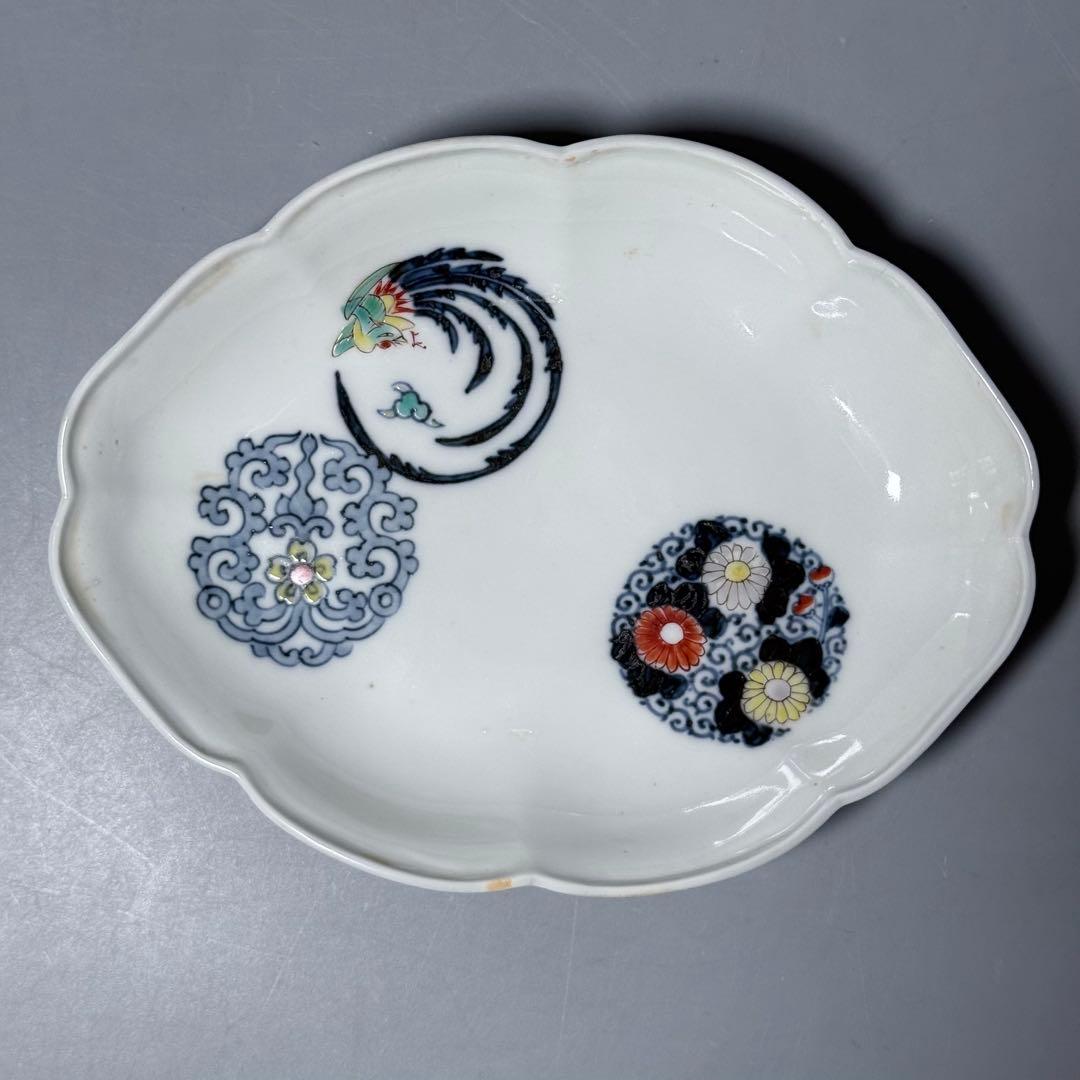 大正〜昭和初期　十二代柿右衛門　錦　丸文様　鳳凰文　変形皿　角福　5枚　希少な器