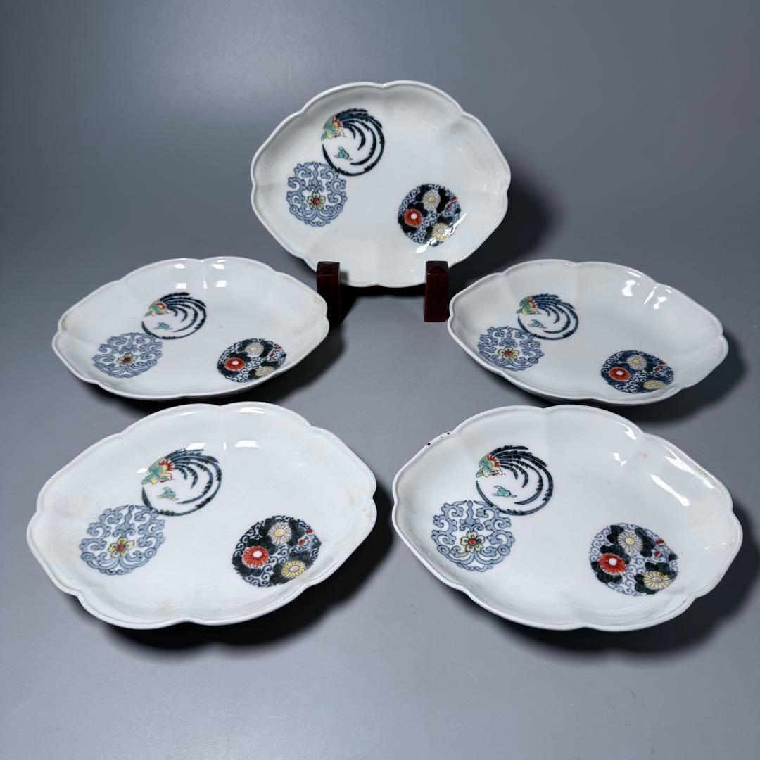 大正〜昭和初期　十二代柿右衛門　錦　丸文様　鳳凰文　変形皿　角福　5枚　希少な器