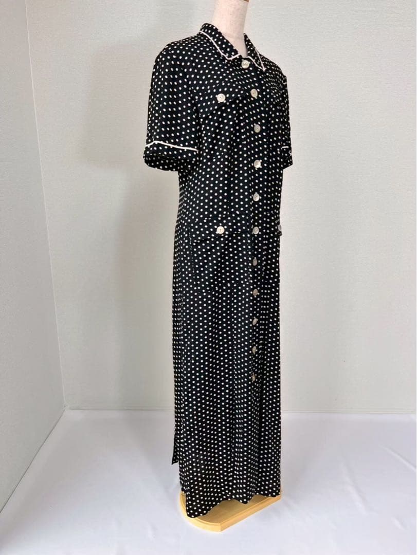 総柄 ドット柄 シェルボタン 前ボタン ロングワンピース ブラックY909