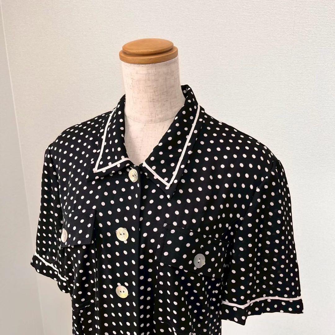 総柄 ドット柄 シェルボタン 前ボタン ロングワンピース ブラックY909