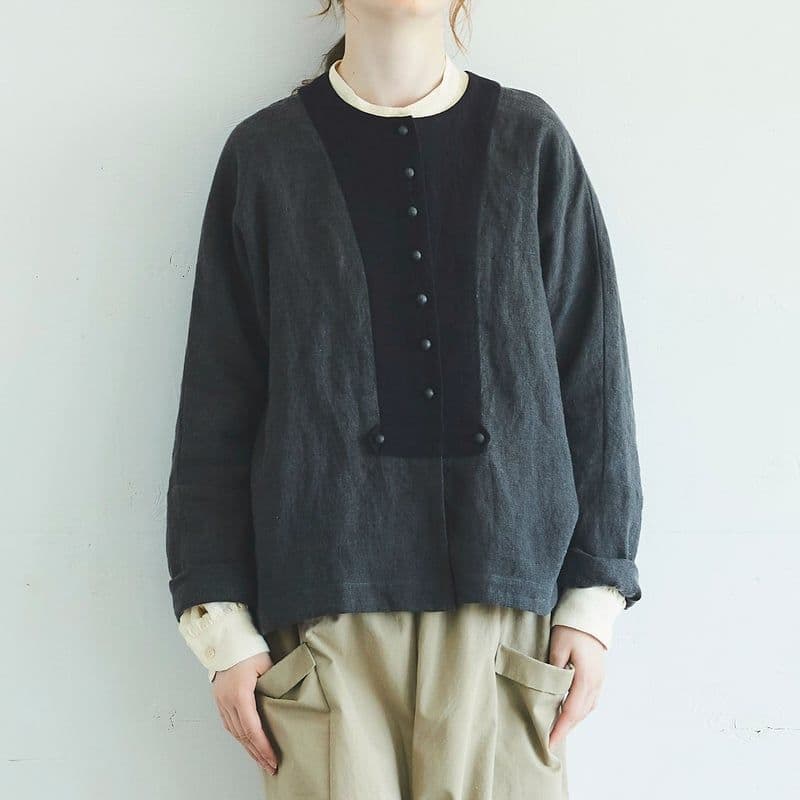 MAGALI マガリ ブラッシュドベルギーリネンカーディガン チャコール