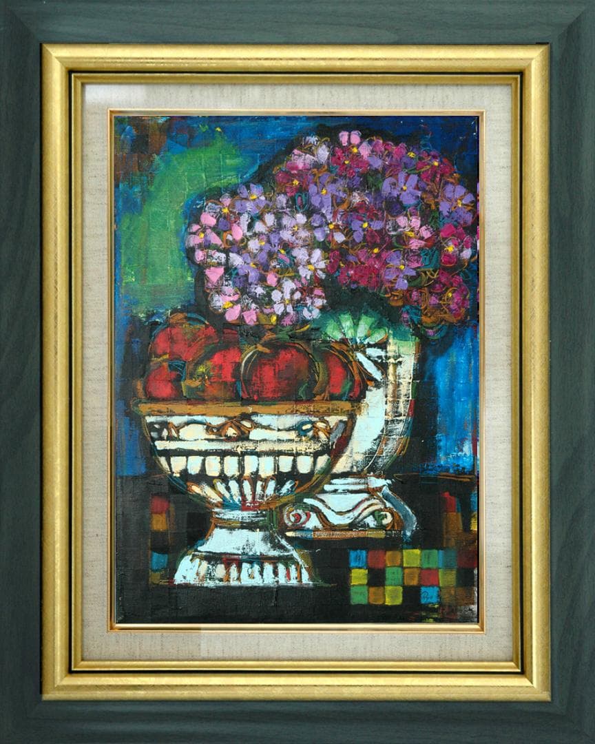 油絵 菅家令子 絵 絵画インテリア額付(青緑＋金色の枠)uF6-063504花器