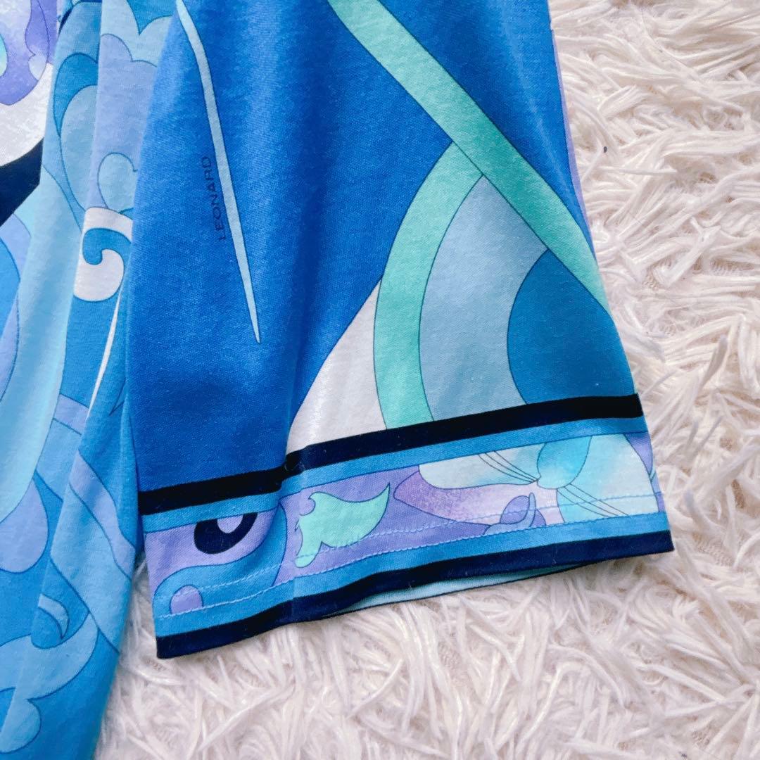 極美品✨LEONARD レオナール 半袖カットソー 花柄 トリム ブルー L