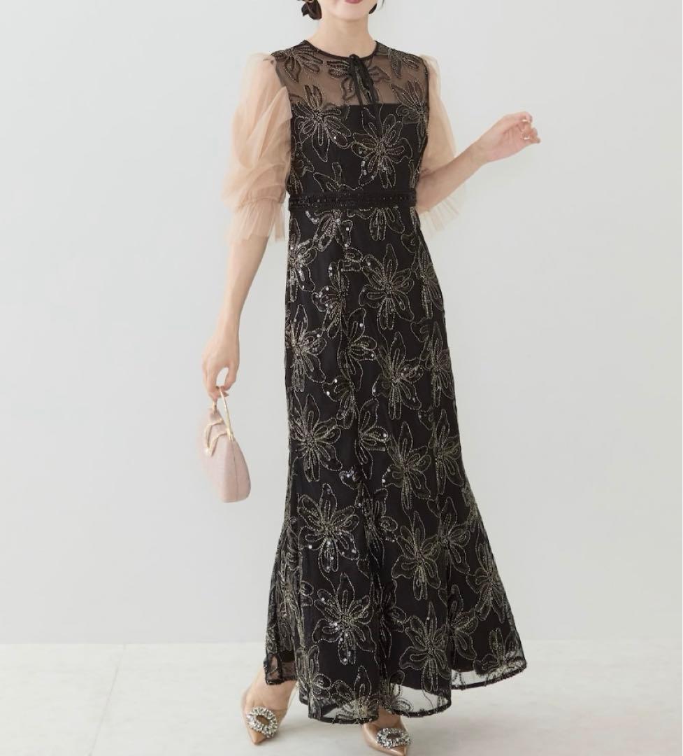 【LEJA】スパンコールフラワーリボンチュールワンピースドレス