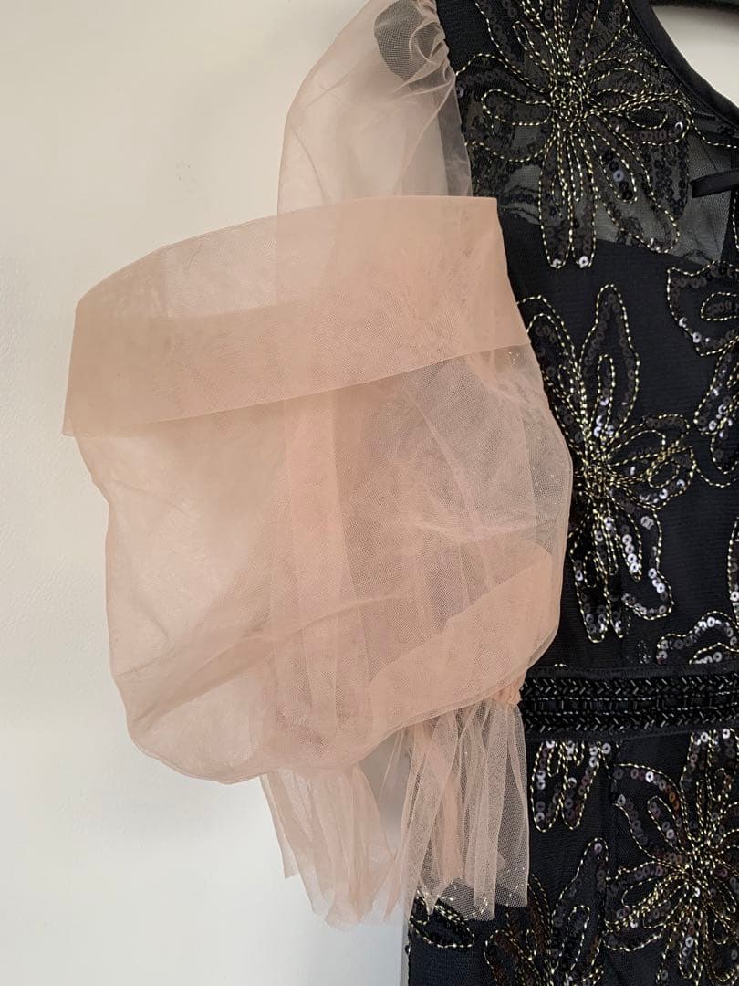 【LEJA】スパンコールフラワーリボンチュールワンピースドレス