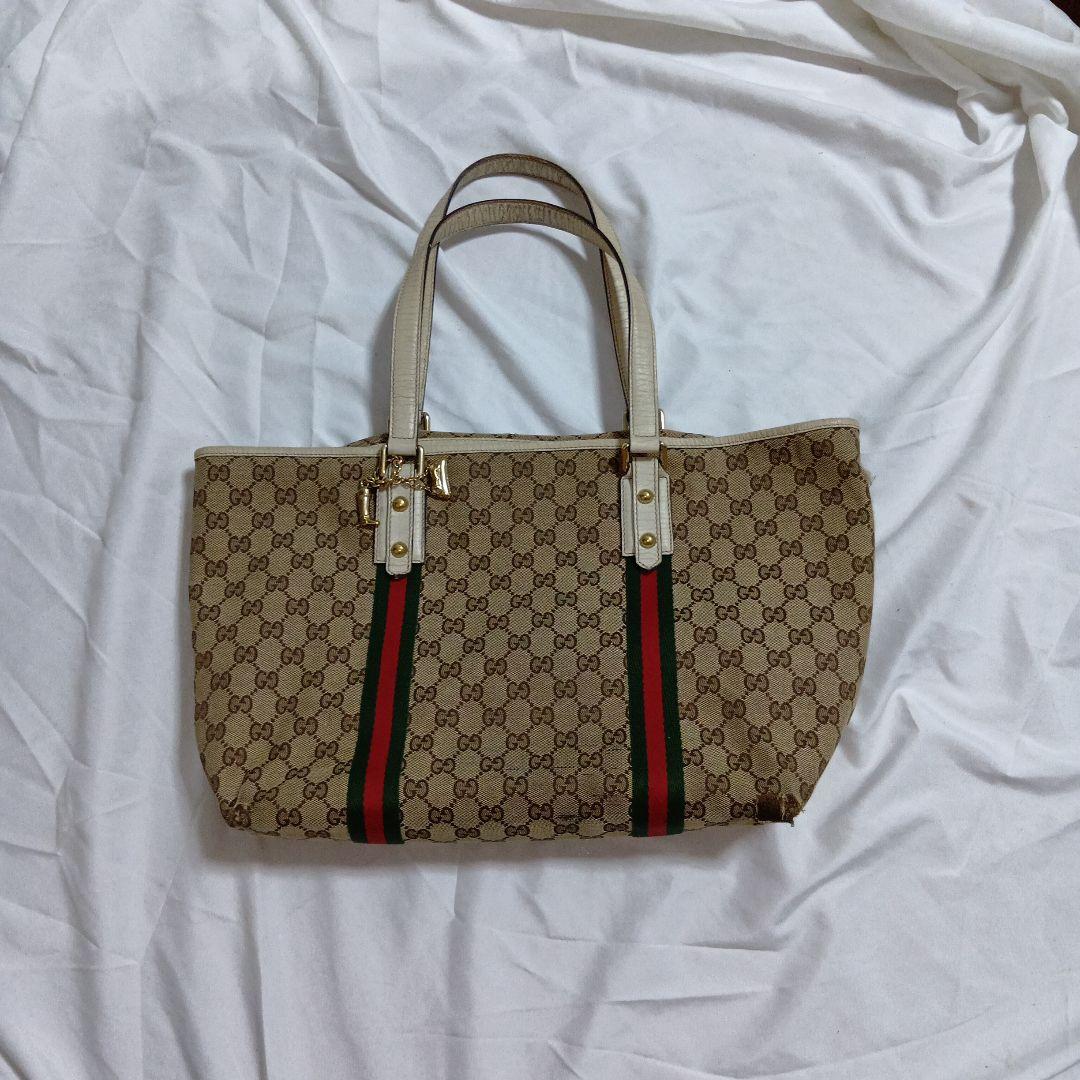 GUCCI　グッチ　シェリー　gg　キャンバス　レザー　トートバッグ