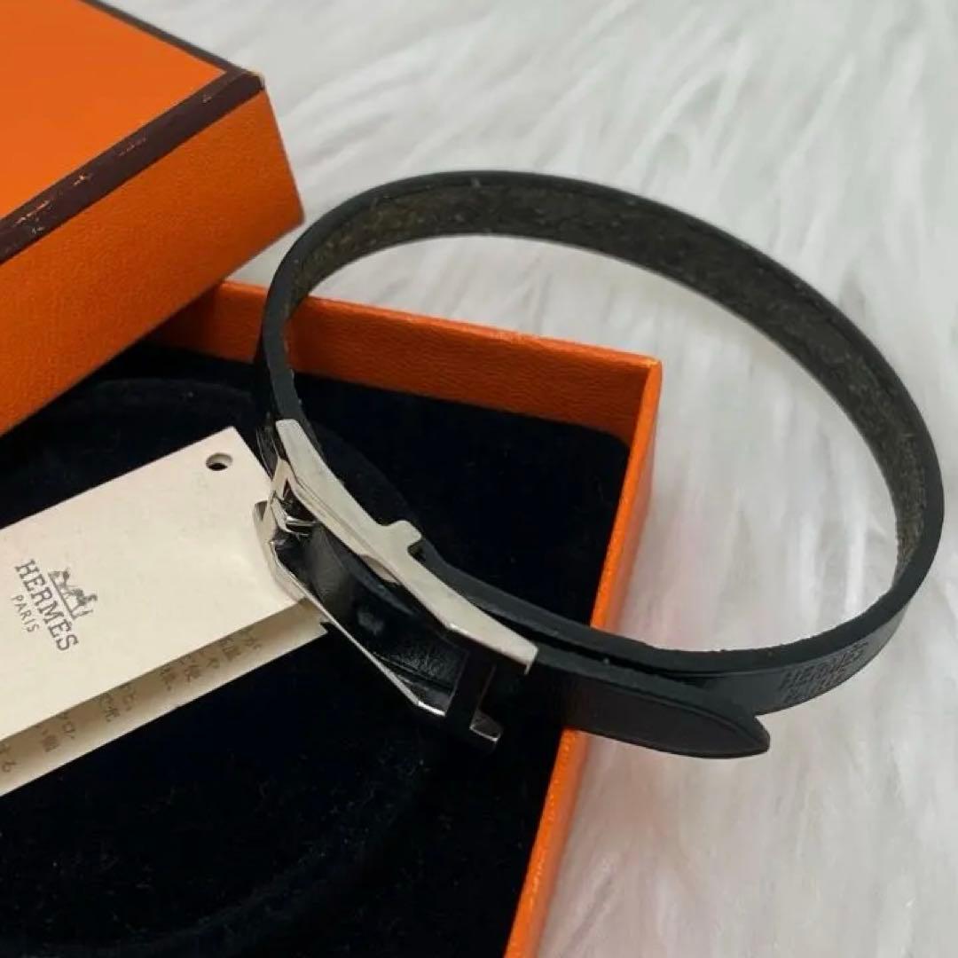 エルメスHERMES レザー ブレスレット アピ Hベルト　ブラック×シルバー