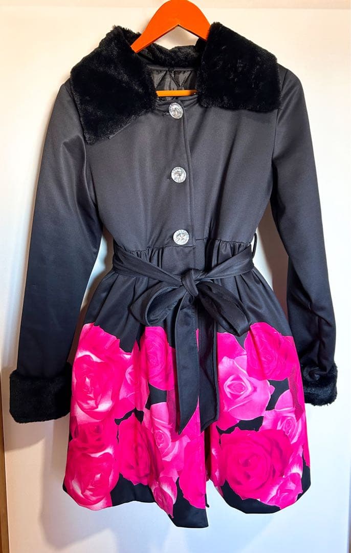 夢展望 ファー付き ローズパネル柄 コート ブラック 姫系