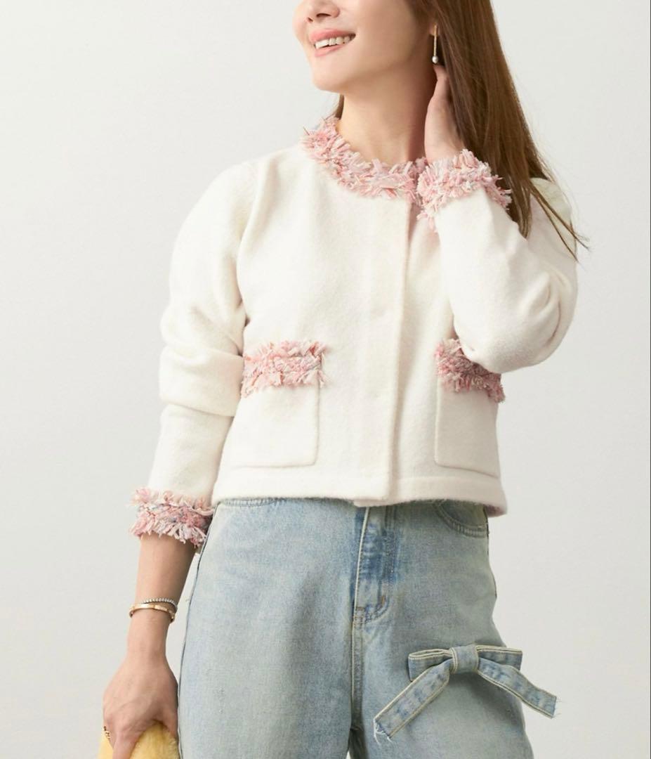 Liala×PG フリンジツイードラウンドネックニットカーディガン