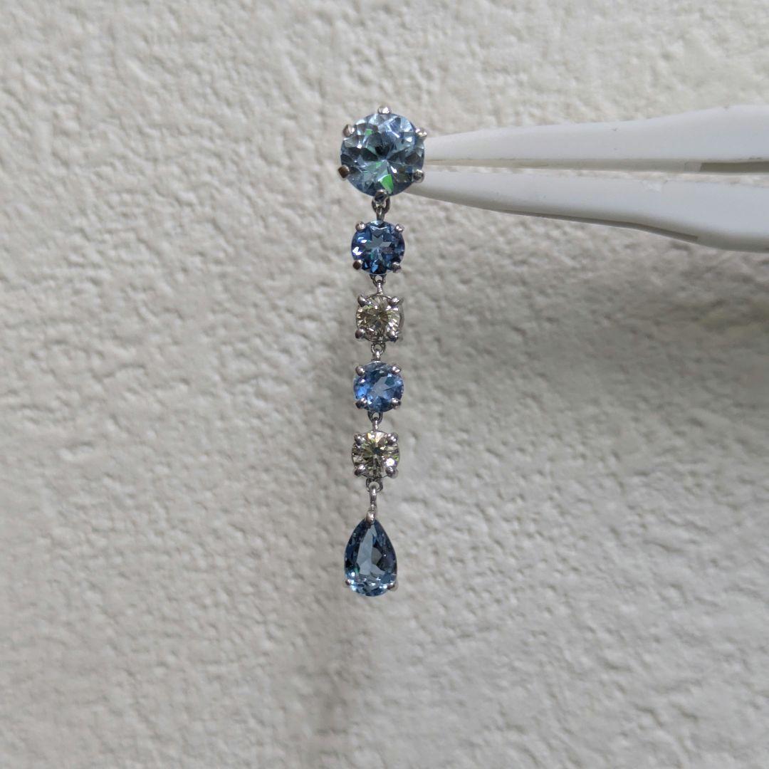 PT900 アクアマリン ダイヤモンド 6連 ピアス 片側 半ペア