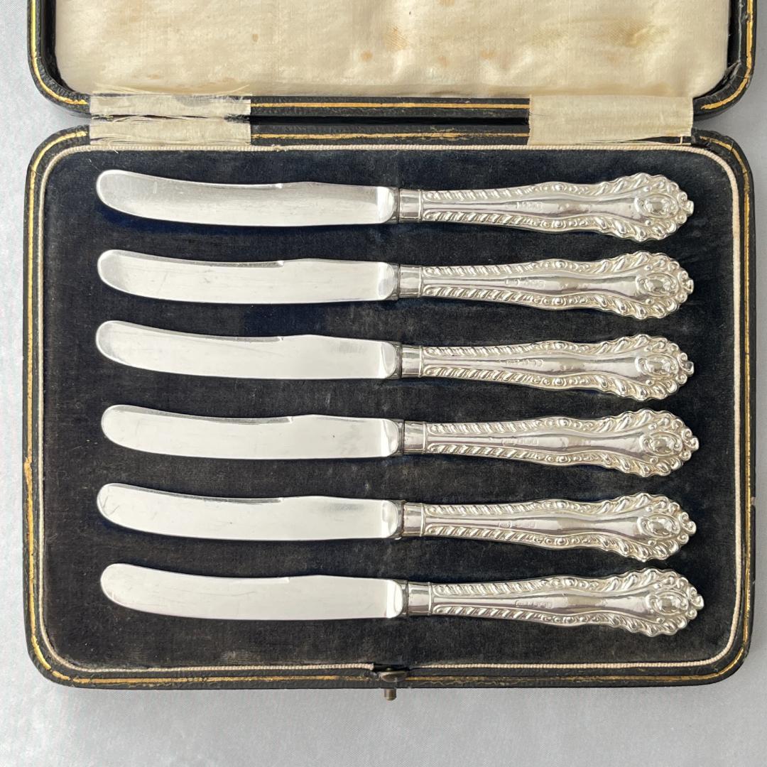 【C H Davis】 【純銀ハンドル】ティーナイフ 6本 ケース 1902年