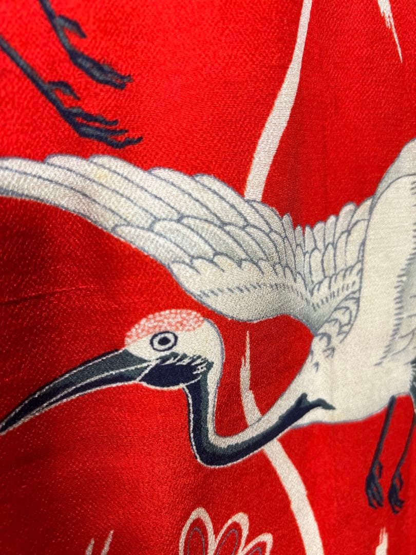 3907◆アンティーク長襦袢時代物縮緬朱赤に鶴艶やか品格のある逸品