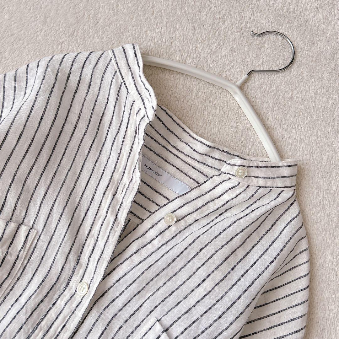 美品✨フレームワーク✨人気　フレンチリネンドロストシャツ　バンドカラー　羽織り