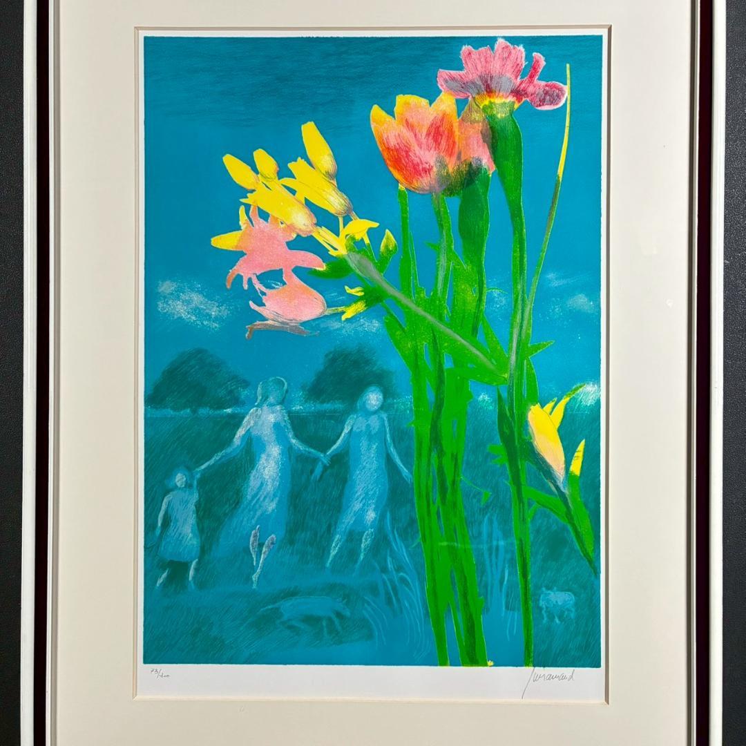 美品 ポール・ギヤマン「青い背景の花々」リトグラフ 大作 直筆サイン入 古径額