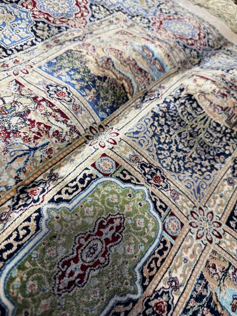 イラン製 ペルシャ絨毯 カシャーン 優雅な艶　高密度 ベージュ×ブルー