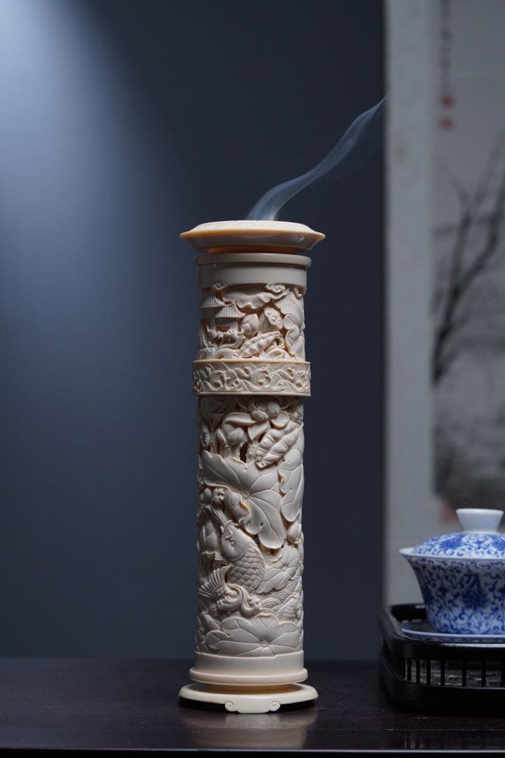 天然マンモス牙美しい手作り彫刻鯉の竜門登り香筒