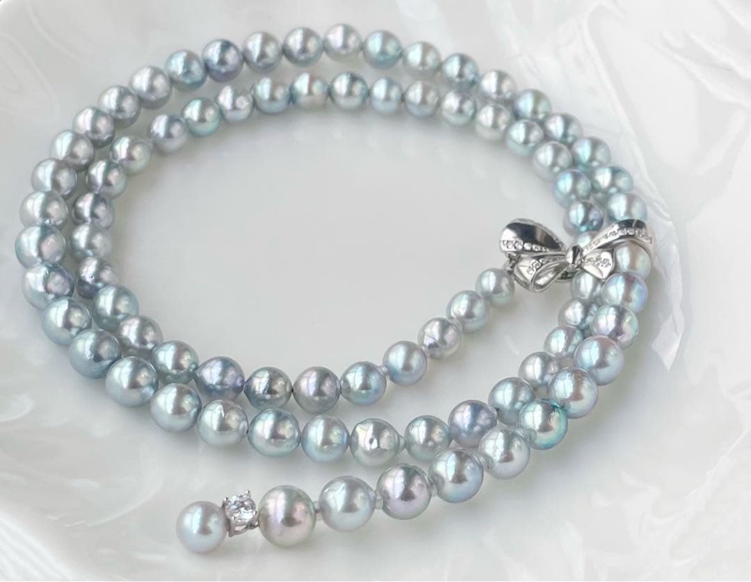 あこや真珠 ブルー系 アコヤパールロングネックレス リボンモチーフ ブルーローズ