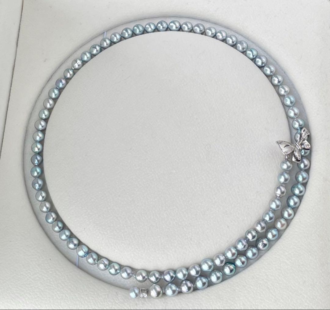 あこや真珠 ブルー系 アコヤパールロングネックレス リボンモチーフ ブルーローズ