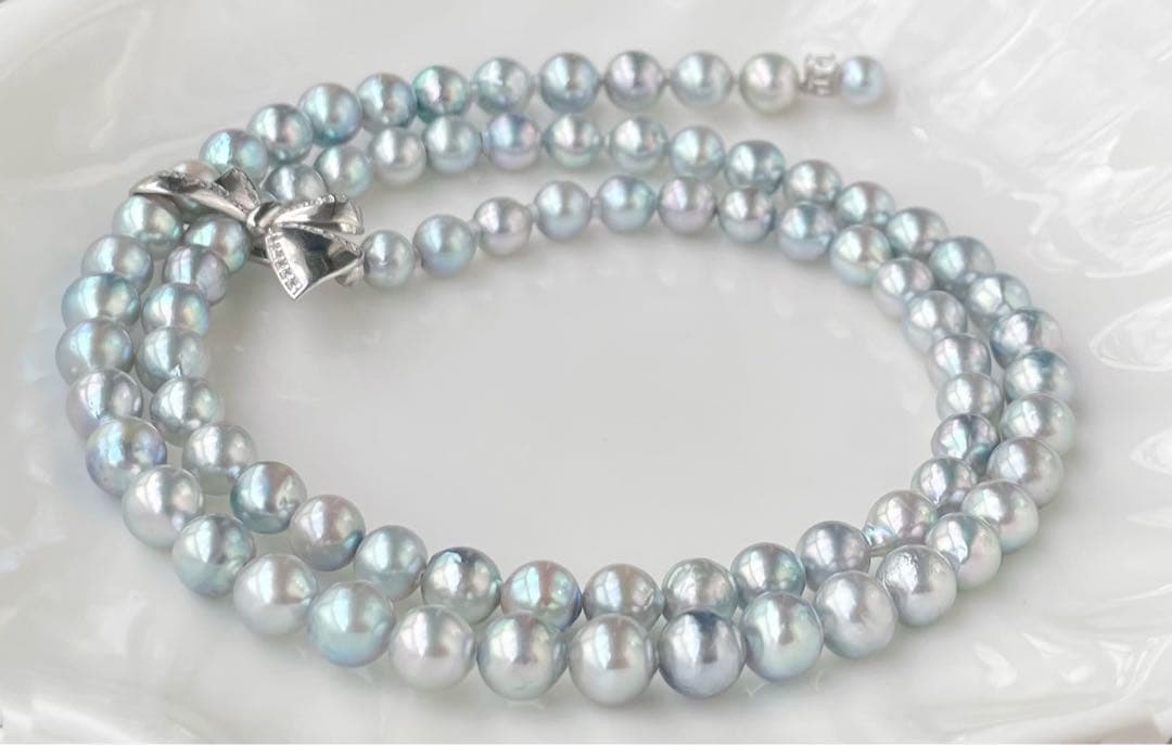 あこや真珠 ブルー系 アコヤパールロングネックレス リボンモチーフ ブルーローズ