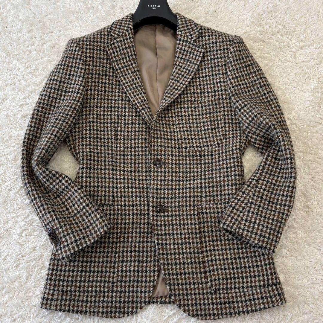 ハリスツイード テーラードジャケット 千鳥柄 総柄 ウール L 総裏地