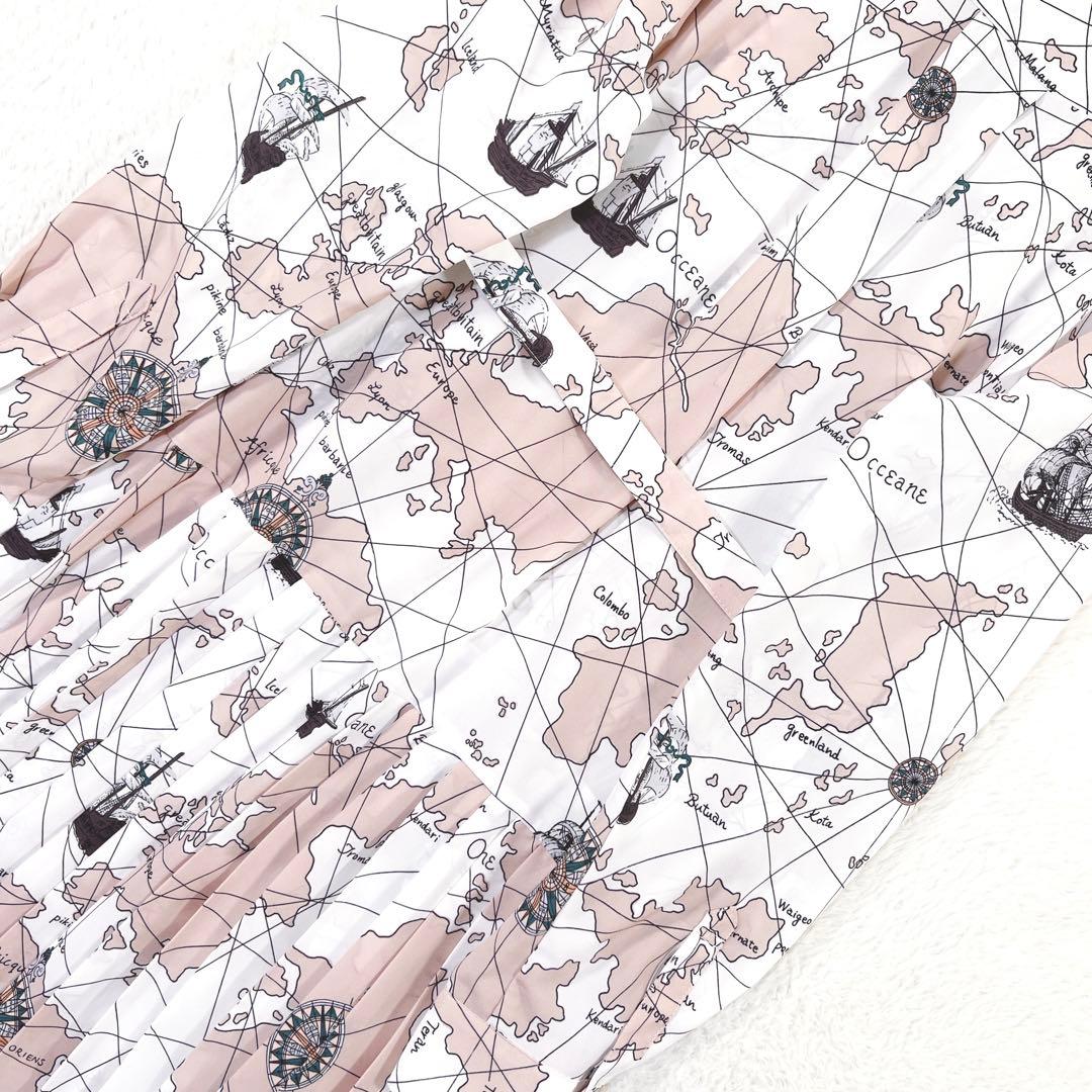 ダイアグラム マッププリント ワンピース マキシ丈 プリーツ ベルト付 ピンク