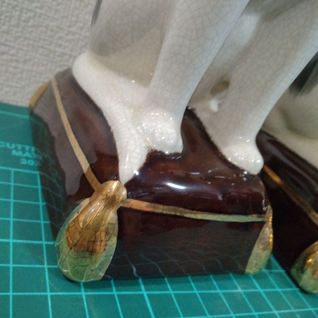 陶器製 白黒猫 置物 対