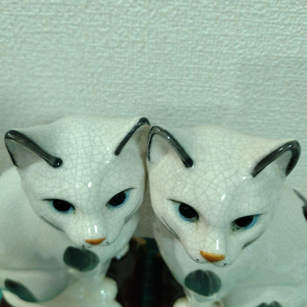 陶器製 白黒猫 置物 対