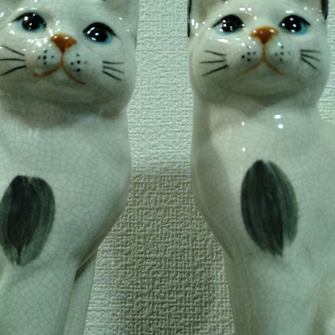 陶器製 白黒猫 置物 対
