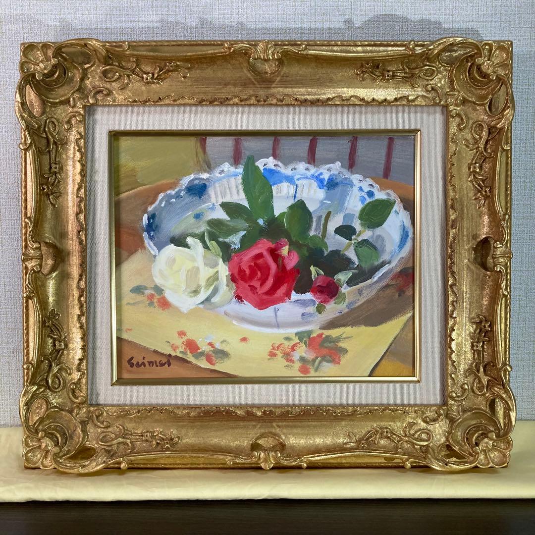 【真作保証】池田清明「バラ」油彩3号 直筆サイン 裏書き 絵画 一枚の繪 額装