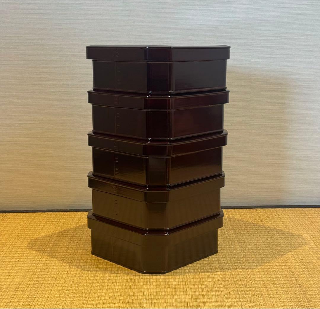 大徳寺形 溜塗 縁高 5客 共箱 弁当箱 茶懐石道具 木製漆器