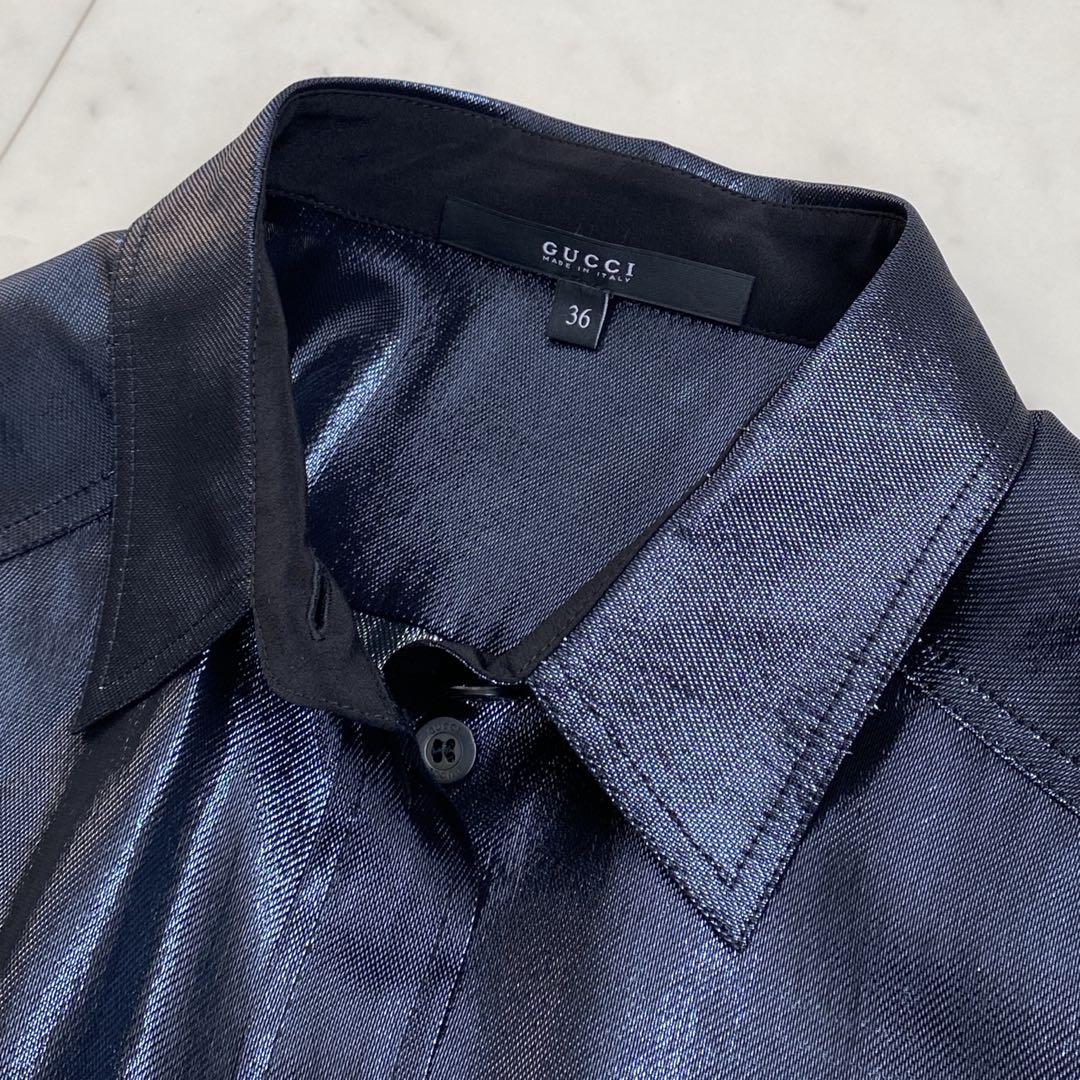 ✨GUCCI グッチ　シルク混ラメ長袖ブラウス　ネイビーグレー　イタリア製