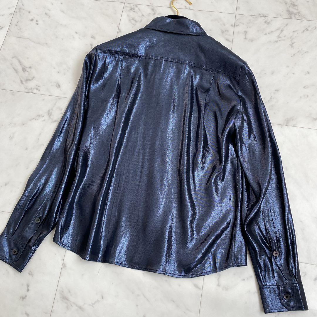 ✨GUCCI グッチ　シルク混ラメ長袖ブラウス　ネイビーグレー　イタリア製