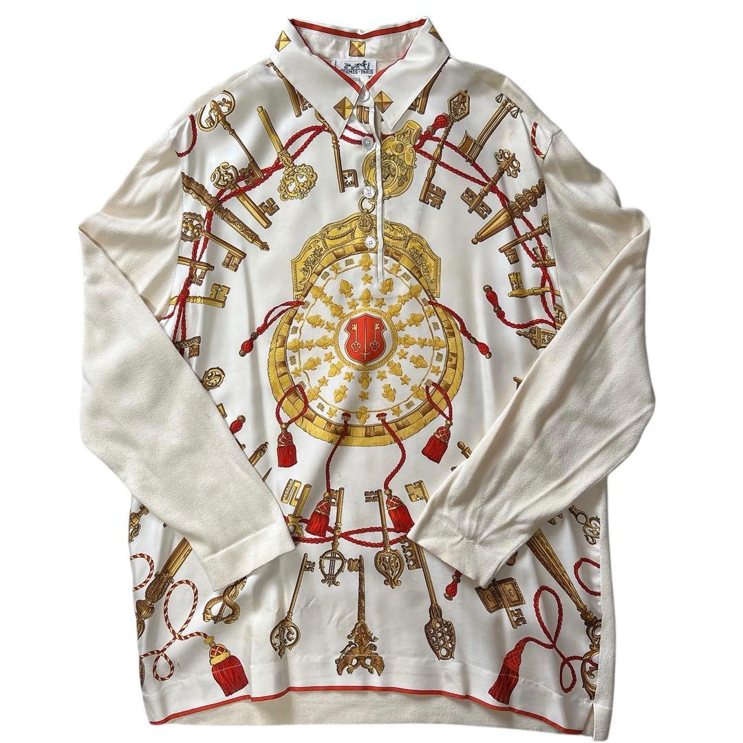 エルメス HERMES シルク ニット 切り替え ブラウス プルオーバー L