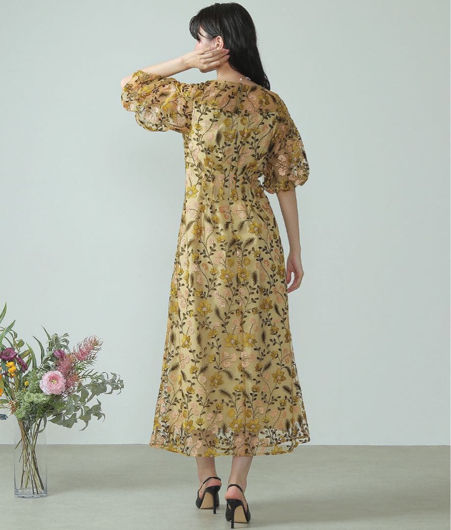 パフスリーブ フラワー刺繍 お呼ばれ 結婚式 オケージョン　イエロー